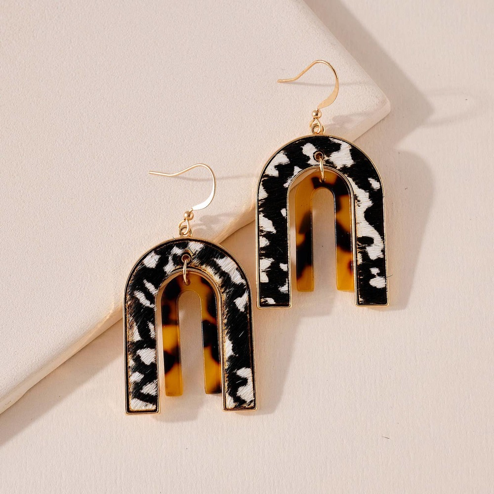 Black White Cow Print Brown Tortoise Arch Dangling Earrings